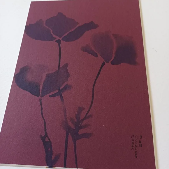 ORIGINAL ART Ink Poppies on Maroon Mat Board. 5"x7" Moody, Whimsical, Subtle - Picture 2 of 7